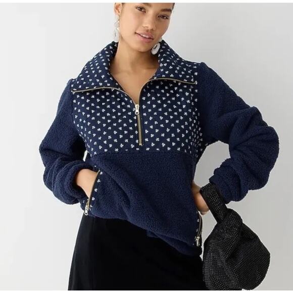 J. Crew Oversized Quilted Navy & White‎ Sherpa Fleece Half-Zip Pullover Size XXS - Picture 2 of 11